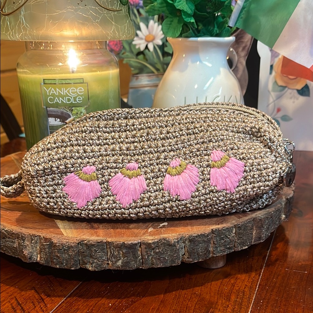 The Sak Brown and Pink Cosmetic Bag with Whimsical Design